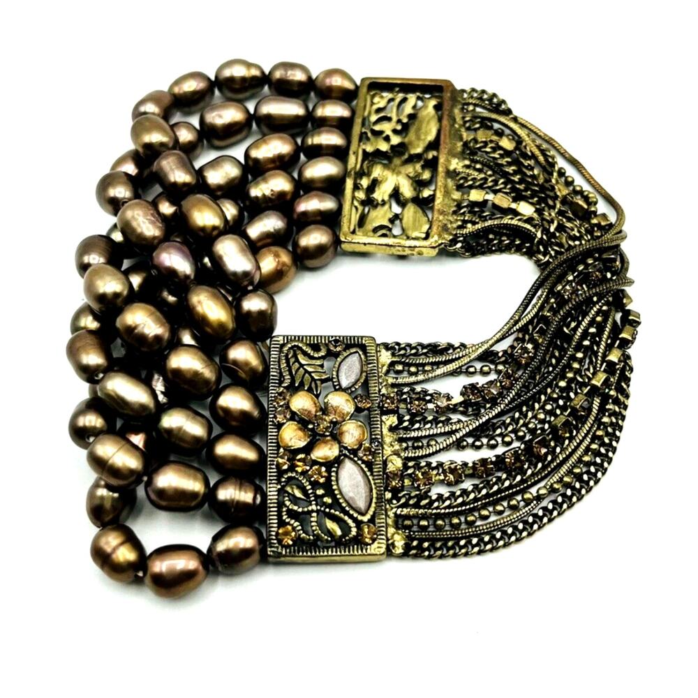 Gorgeous Bronze Dyed Freshwater Pearls Rhinestones Enamel Chain Stretch Bracelet